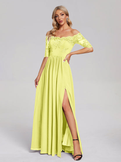 Keira Off the Shoulder Appliqued Lace Chiffon Bridesmaid Dress