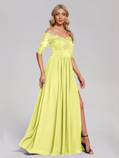 Keira Off the Shoulder Appliqued Lace Chiffon Bridesmaid Dress