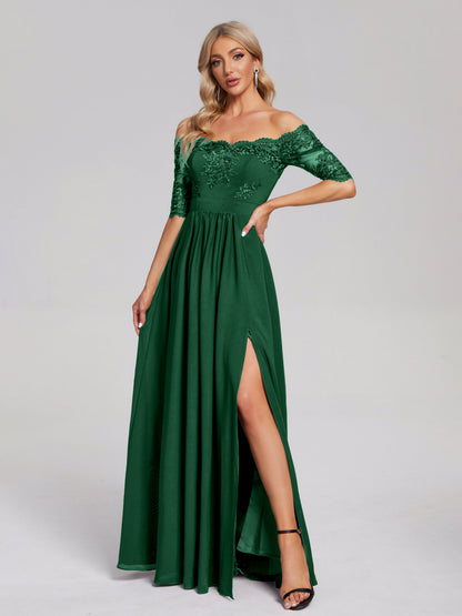 Keira Off the Shoulder Appliqued Lace Chiffon Bridesmaid Dress