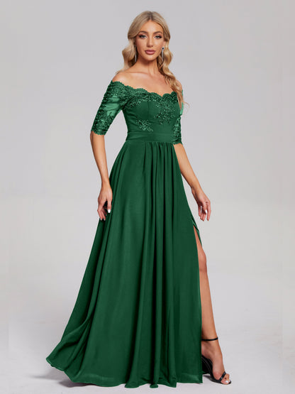 Keira Off the Shoulder Appliqued Lace Chiffon Bridesmaid Dress