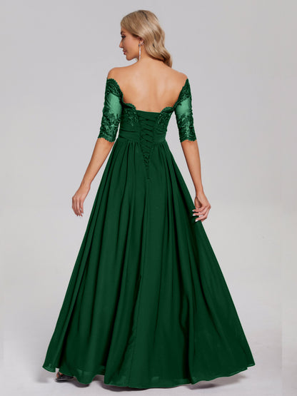 Keira Off the Shoulder Appliqued Lace Chiffon Bridesmaid Dress