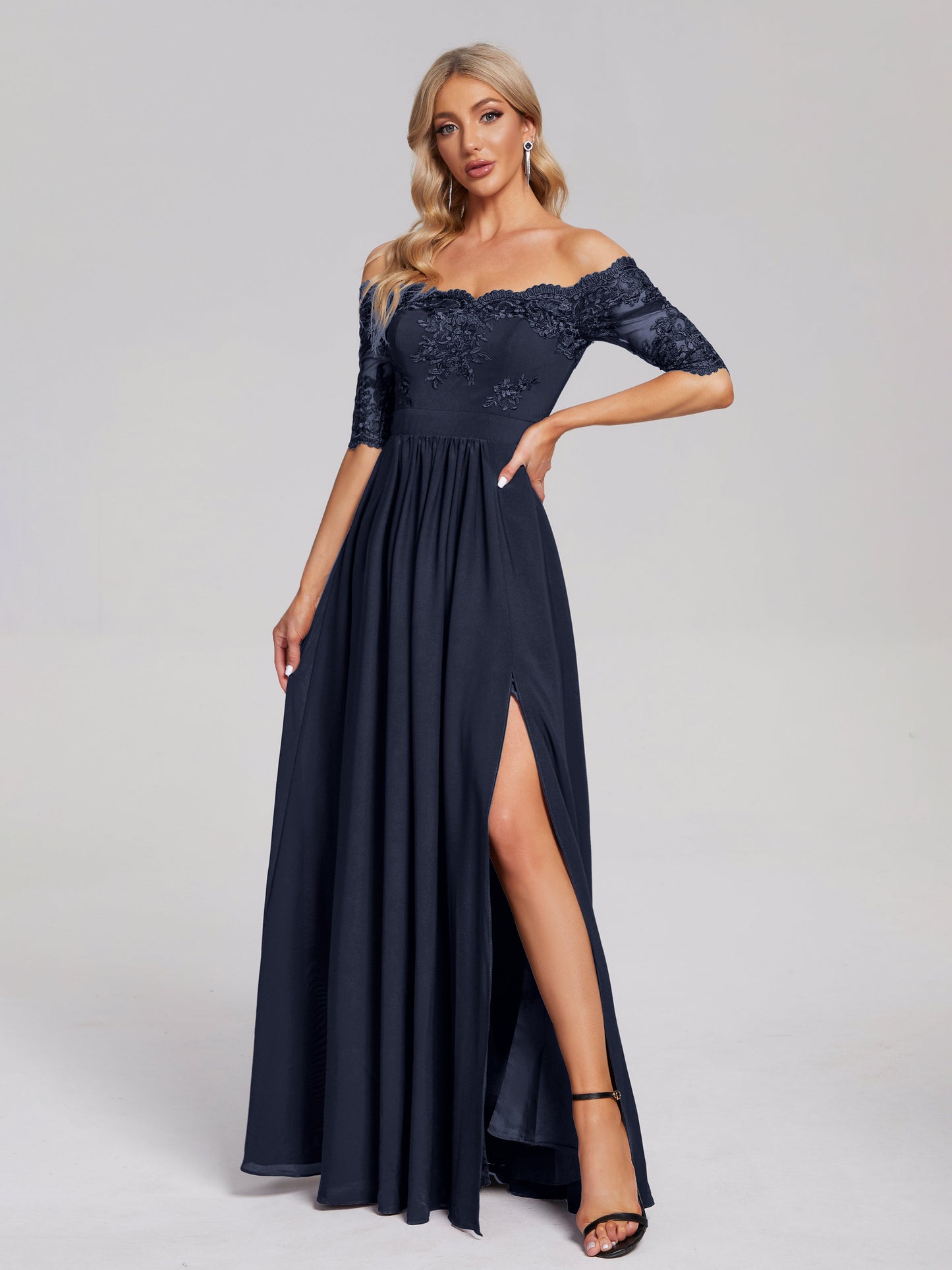 Keira Off the Shoulder Appliqued Lace Chiffon Bridesmaid Dress