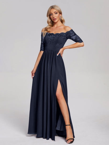 Keira Off the Shoulder Appliqued Lace Chiffon Bridesmaid Dress