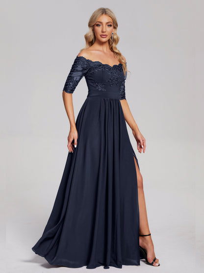 Keira Off the Shoulder Appliqued Lace Chiffon Bridesmaid Dress