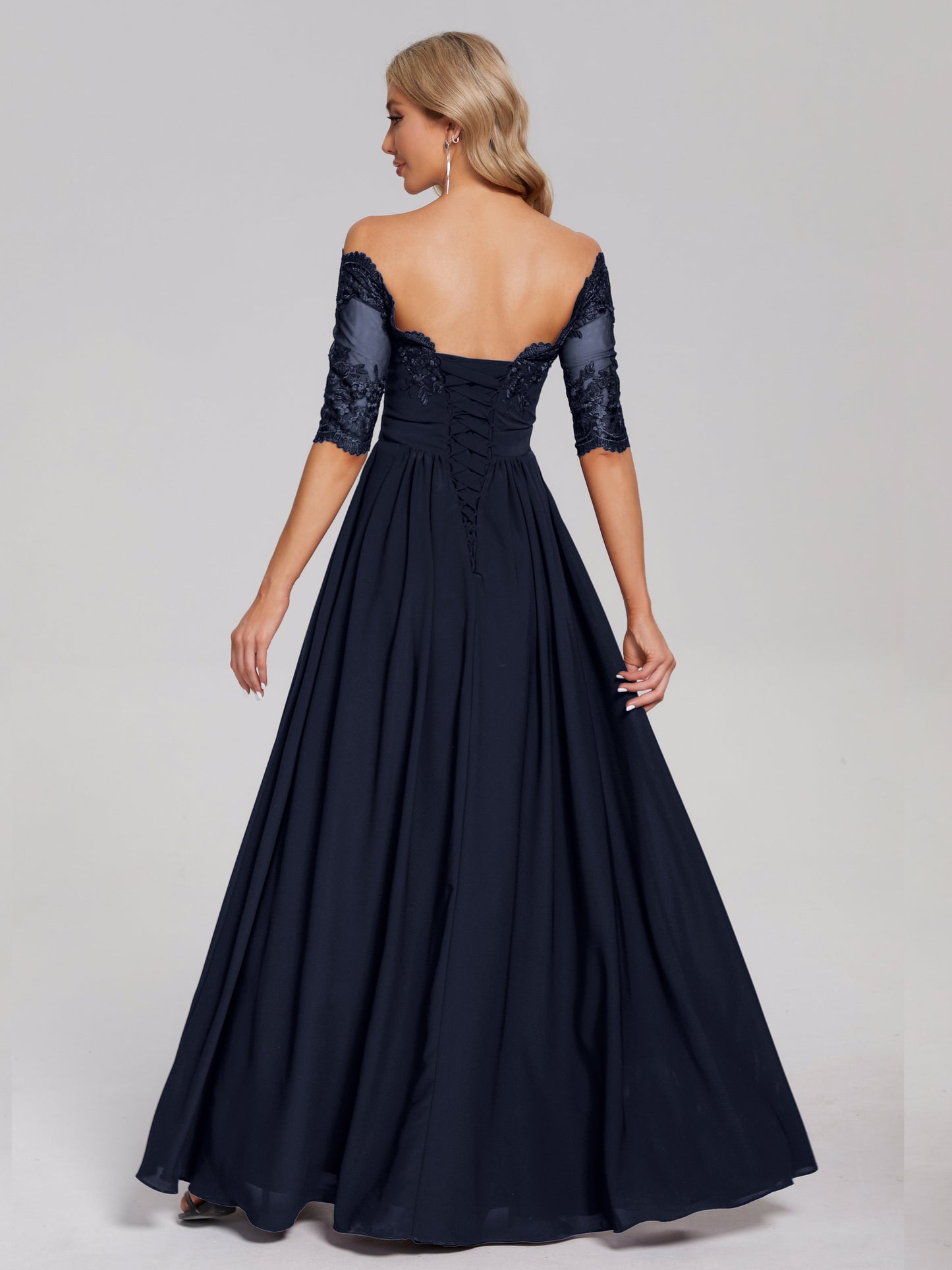 Keira Off the Shoulder Appliqued Lace Chiffon Bridesmaid Dress