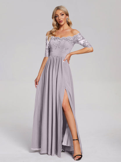 Keira Off the Shoulder Appliqued Lace Chiffon Bridesmaid Dress