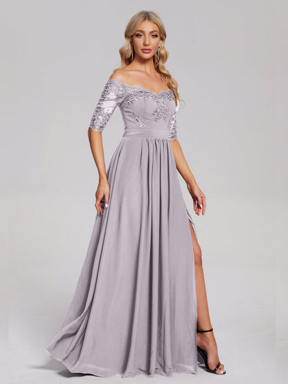 Keira Off the Shoulder Appliqued Lace Chiffon Bridesmaid Dress