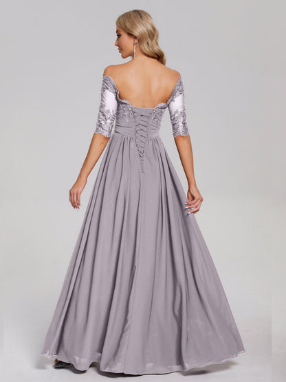 Keira Off the Shoulder Appliqued Lace Chiffon Bridesmaid Dress