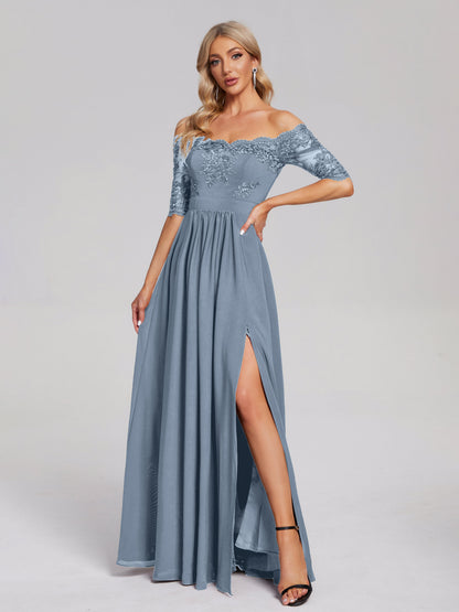 Keira Off the Shoulder Appliqued Lace Chiffon Bridesmaid Dress