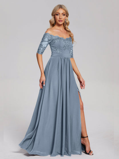 Keira Off the Shoulder Appliqued Lace Chiffon Bridesmaid Dress