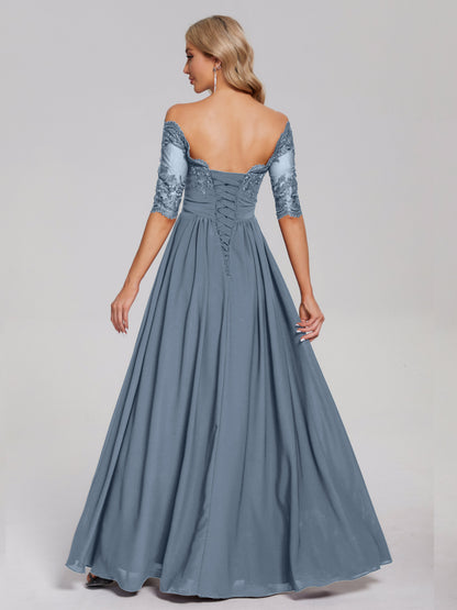 Keira Off the Shoulder Appliqued Lace Chiffon Bridesmaid Dress