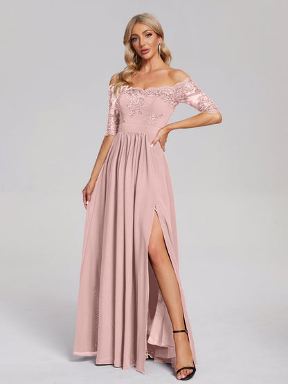 Keira Off the Shoulder Appliqued Lace Chiffon Bridesmaid Dress