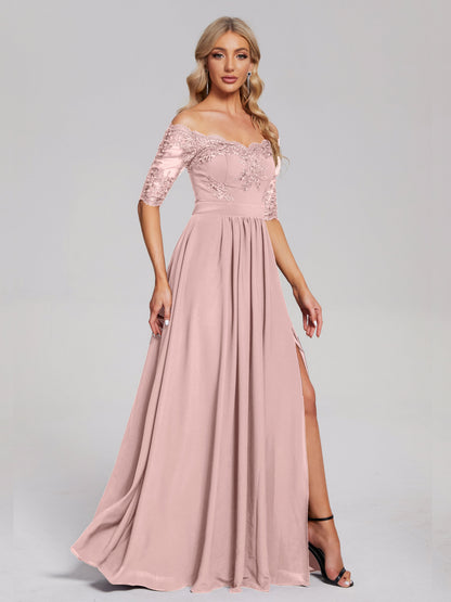 Keira Off the Shoulder Appliqued Lace Chiffon Bridesmaid Dress