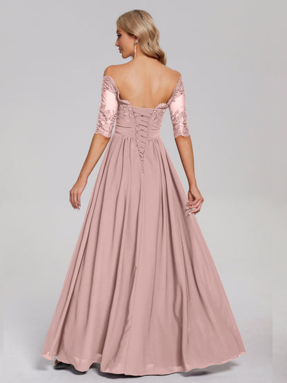 Keira Off the Shoulder Appliqued Lace Chiffon Bridesmaid Dress