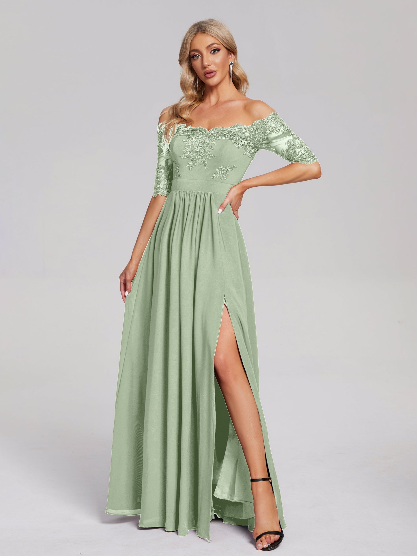 Keira Off the Shoulder Appliqued Lace Chiffon Bridesmaid Dress