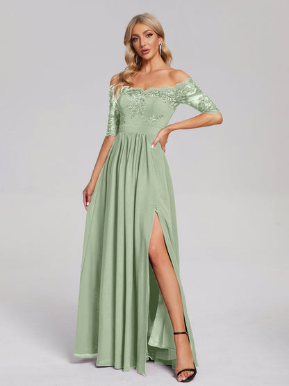 Keira Off the Shoulder Appliqued Lace Chiffon Bridesmaid Dress