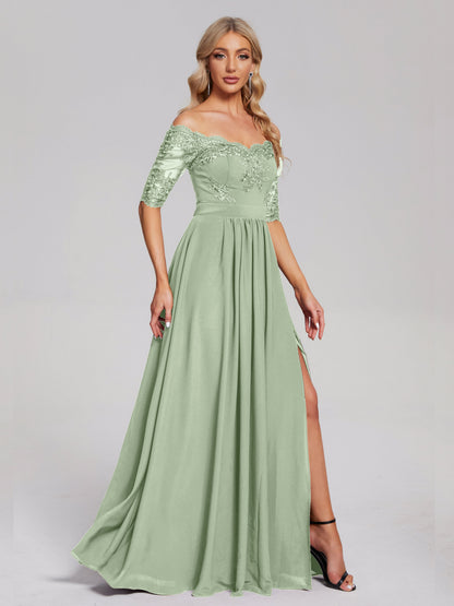 Keira Off the Shoulder Appliqued Lace Chiffon Bridesmaid Dress