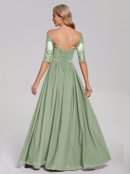 Keira Off the Shoulder Appliqued Lace Chiffon Bridesmaid Dress