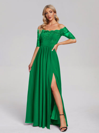 Keira Off the Shoulder Appliqued Lace Chiffon Bridesmaid Dress