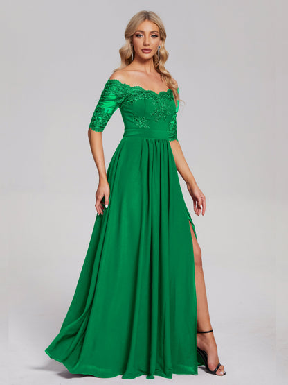 Keira Off the Shoulder Appliqued Lace Chiffon Bridesmaid Dress