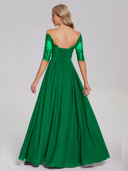 Keira Off the Shoulder Appliqued Lace Chiffon Bridesmaid Dress