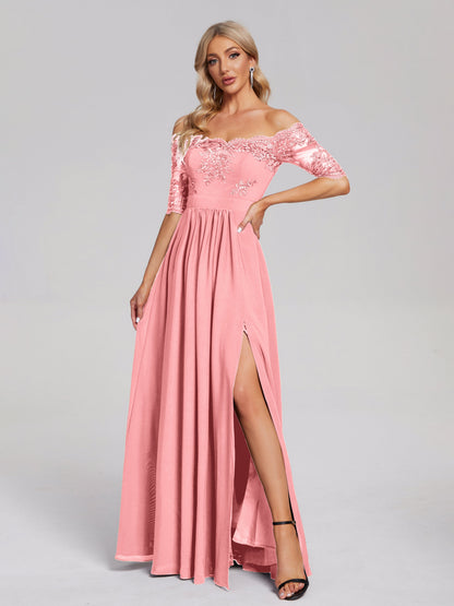Keira Off the Shoulder Appliqued Lace Chiffon Bridesmaid Dress