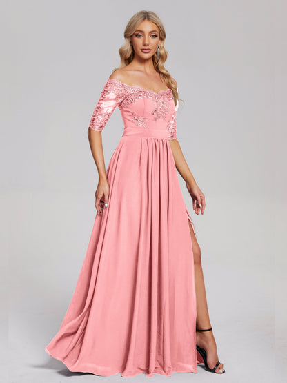 Keira Off the Shoulder Appliqued Lace Chiffon Bridesmaid Dress