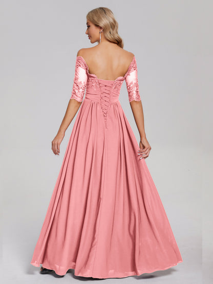 Keira Off the Shoulder Appliqued Lace Chiffon Bridesmaid Dress