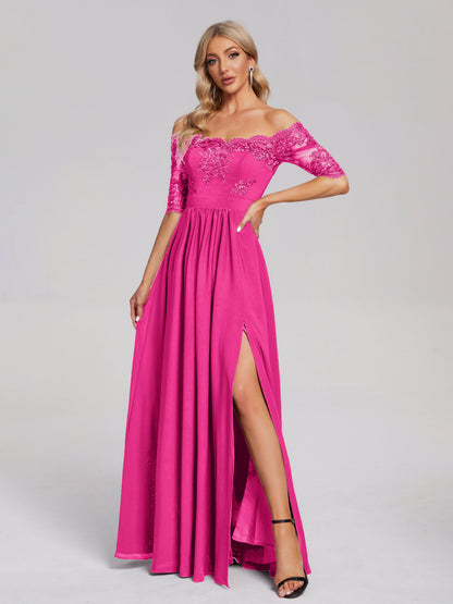 Keira Off the Shoulder Appliqued Lace Chiffon Bridesmaid Dress
