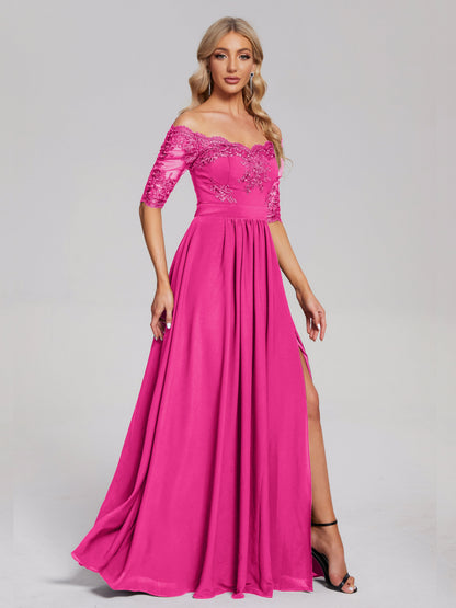 Keira Off the Shoulder Appliqued Lace Chiffon Bridesmaid Dress