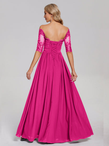 Keira Off the Shoulder Appliqued Lace Chiffon Bridesmaid Dress