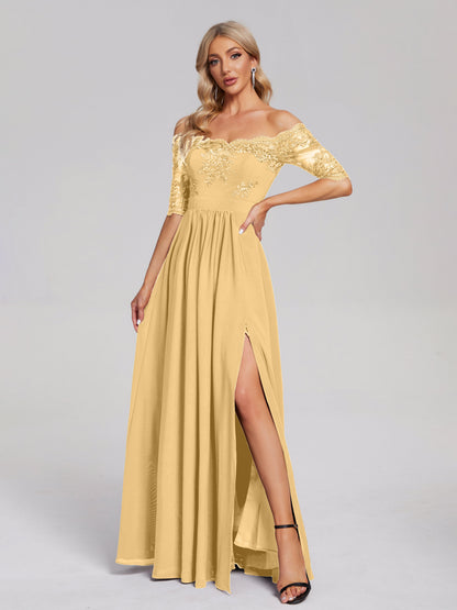 Keira Off the Shoulder Appliqued Lace Chiffon Bridesmaid Dress
