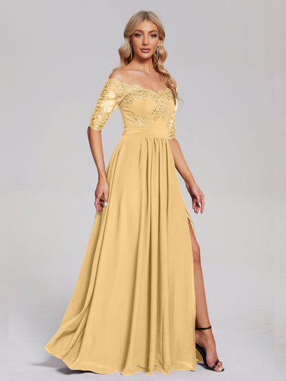 Keira Off the Shoulder Appliqued Lace Chiffon Bridesmaid Dress