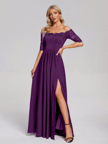 Keira Off the Shoulder Appliqued Lace Chiffon Bridesmaid Dress