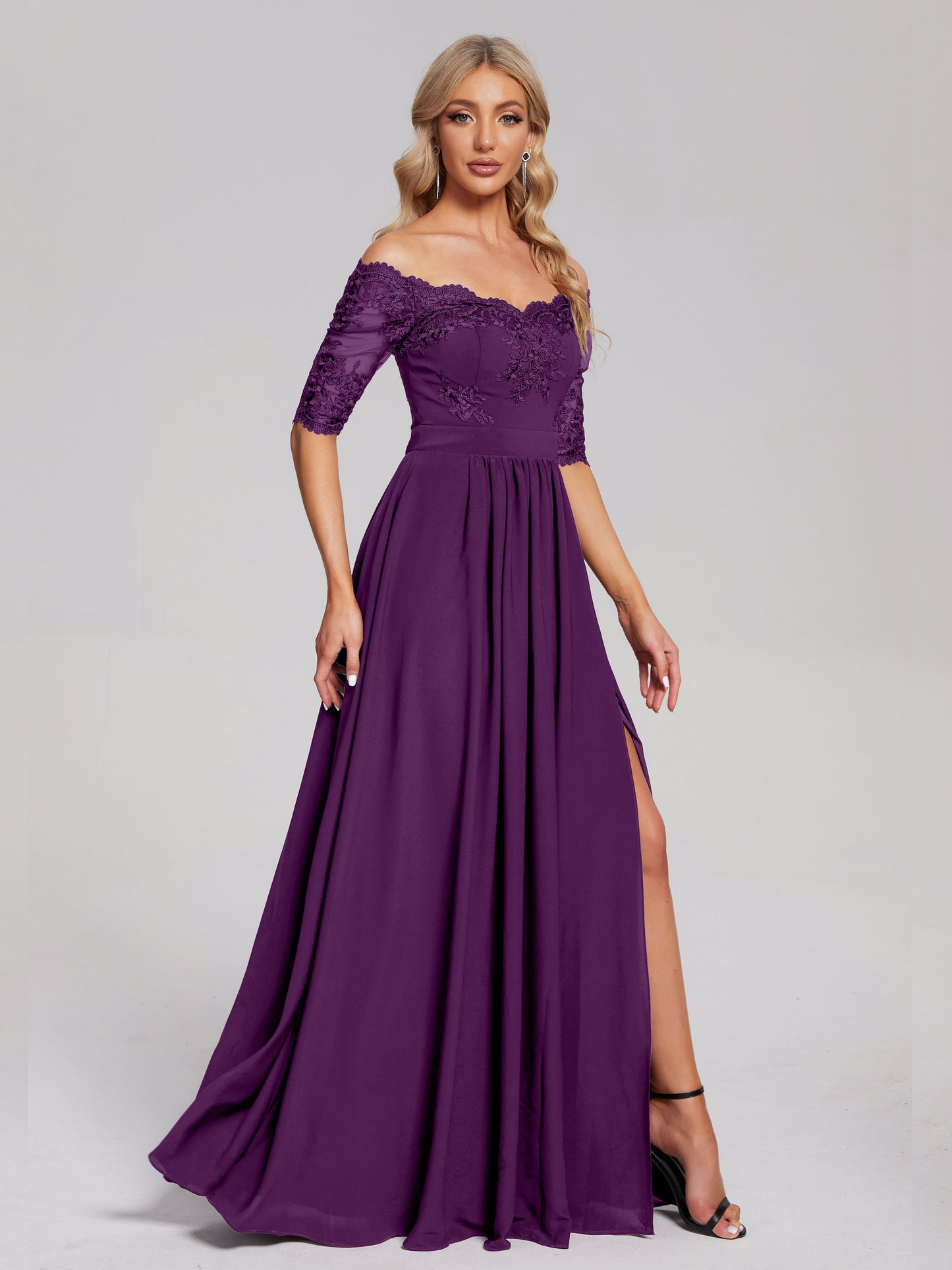 Keira Off the Shoulder Appliqued Lace Chiffon Bridesmaid Dress