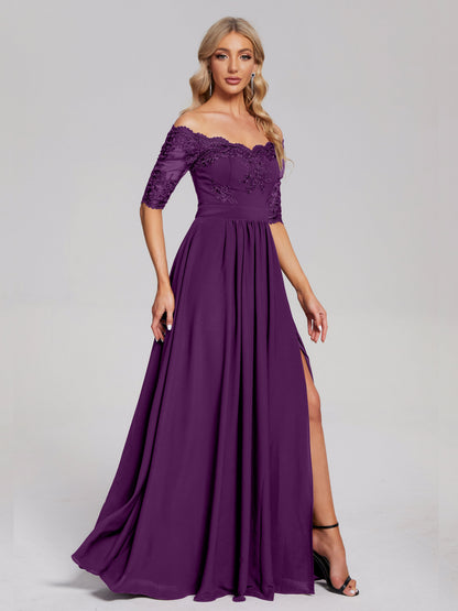 Keira Off the Shoulder Appliqued Lace Chiffon Bridesmaid Dress