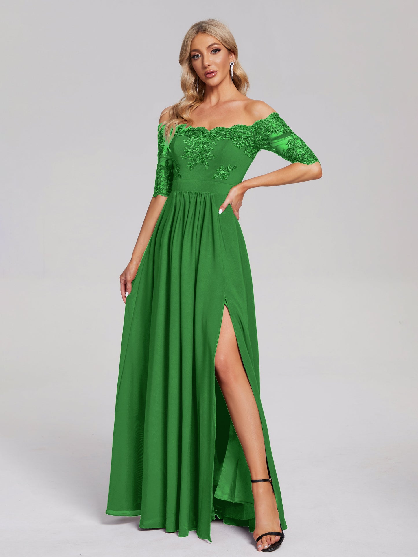 Keira Off the Shoulder Appliqued Lace Chiffon Bridesmaid Dress