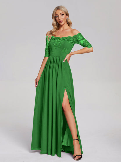 Keira Off the Shoulder Appliqued Lace Chiffon Bridesmaid Dress