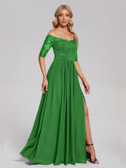 Keira Off the Shoulder Appliqued Lace Chiffon Bridesmaid Dress