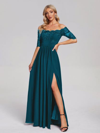 Keira Off the Shoulder Appliqued Lace Chiffon Bridesmaid Dress