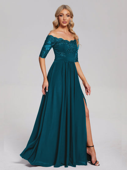 Keira Off the Shoulder Appliqued Lace Chiffon Bridesmaid Dress
