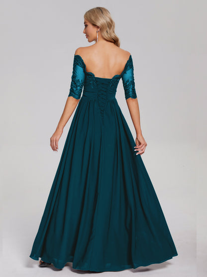 Keira Off the Shoulder Appliqued Lace Chiffon Bridesmaid Dress