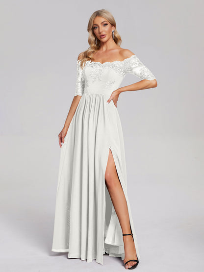 Keira Off the Shoulder Appliqued Lace Chiffon Bridesmaid Dress