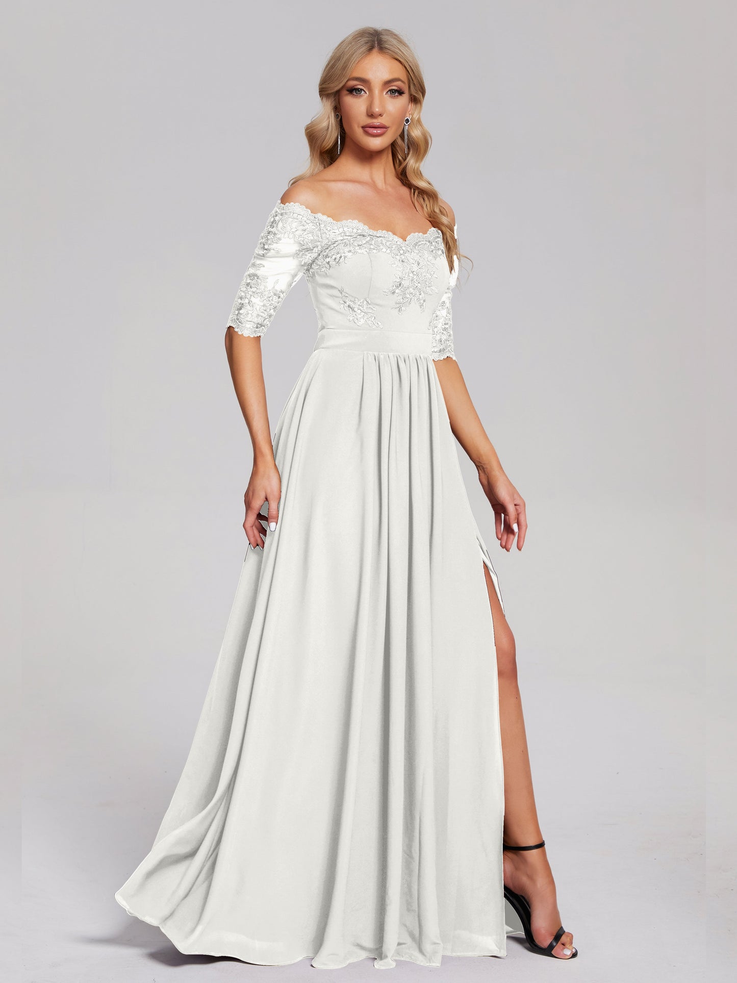 Keira Off the Shoulder Appliqued Lace Chiffon Bridesmaid Dress
