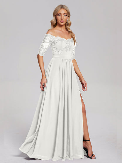 Keira Off the Shoulder Appliqued Lace Chiffon Bridesmaid Dress
