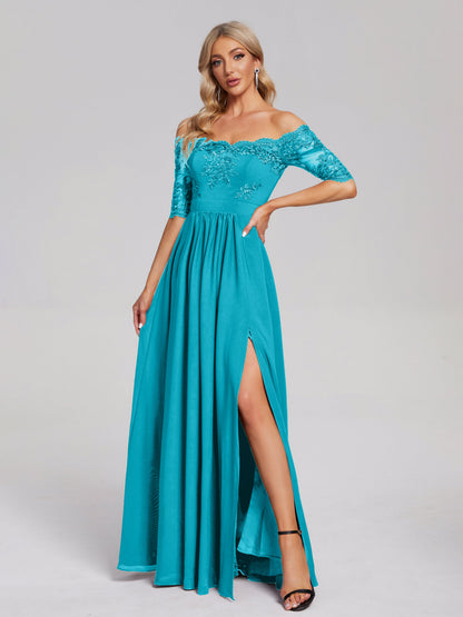 Keira Off the Shoulder Appliqued Lace Chiffon Bridesmaid Dress