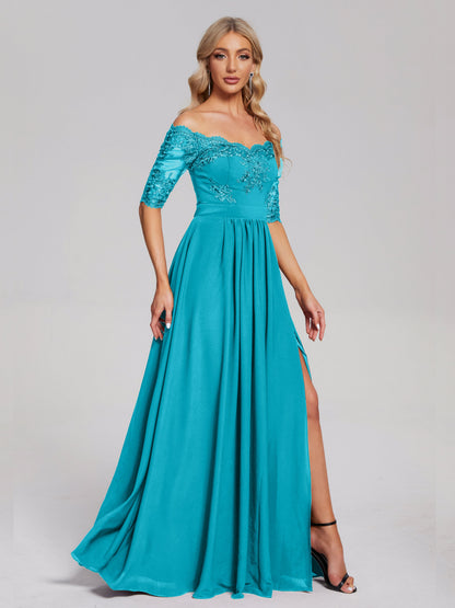 Keira Off the Shoulder Appliqued Lace Chiffon Bridesmaid Dress