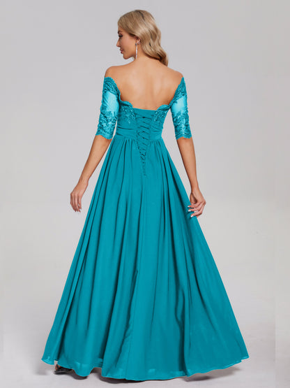 Keira Off the Shoulder Appliqued Lace Chiffon Bridesmaid Dress