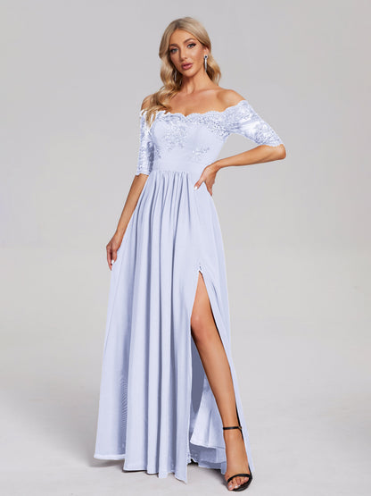 Keira Off the Shoulder Appliqued Lace Chiffon Bridesmaid Dress