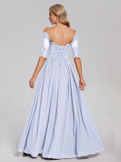 Keira Off the Shoulder Appliqued Lace Chiffon Bridesmaid Dress